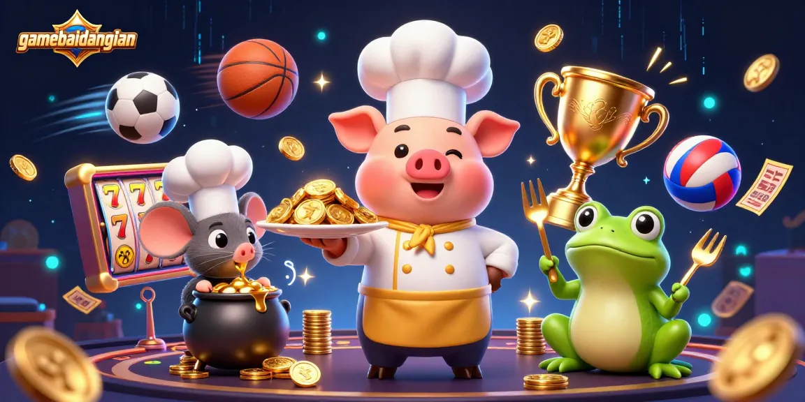 Experience thrilling gameplay with gamebaidangian as a chef pig serves gold coins amidst lively casino elements.