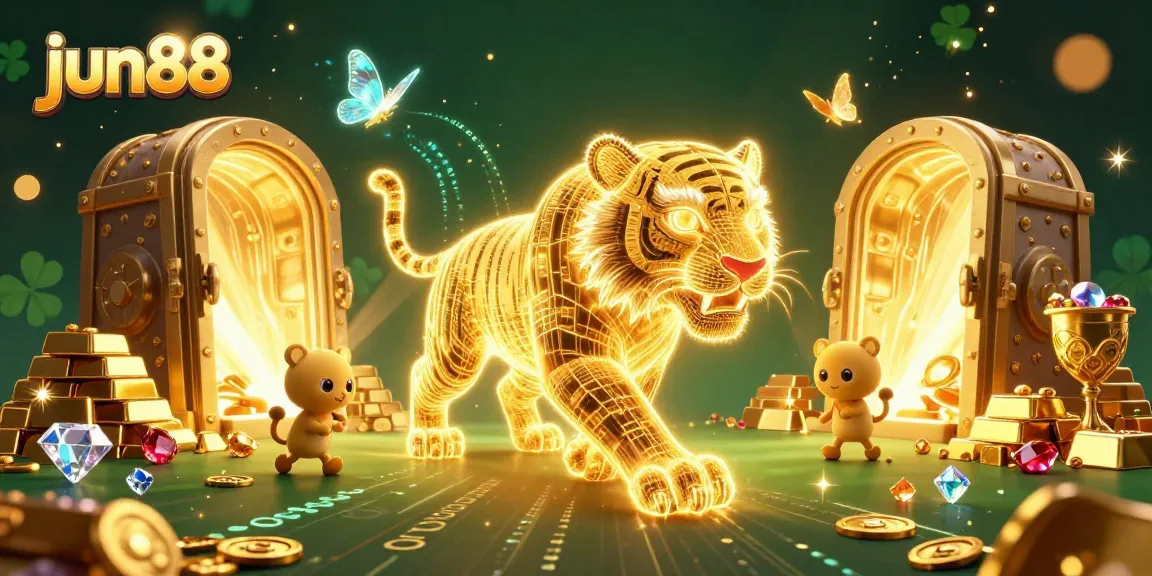 Join the thrilling action at jun88 with a vibrant casino landscape showcasing a neon tiger amidst gold treasures and digital delights.