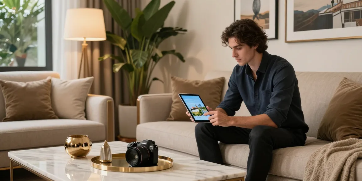 Gaya hidup mewah LUXURY111 dengan individu menikmati tablet di ruang tamu elegan.
