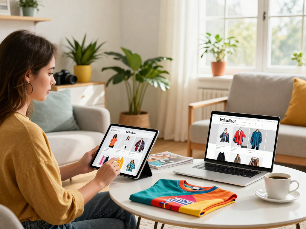 Young woman browsing kelincilaut products on a tablet in a cozy e-commerce shopping scene.