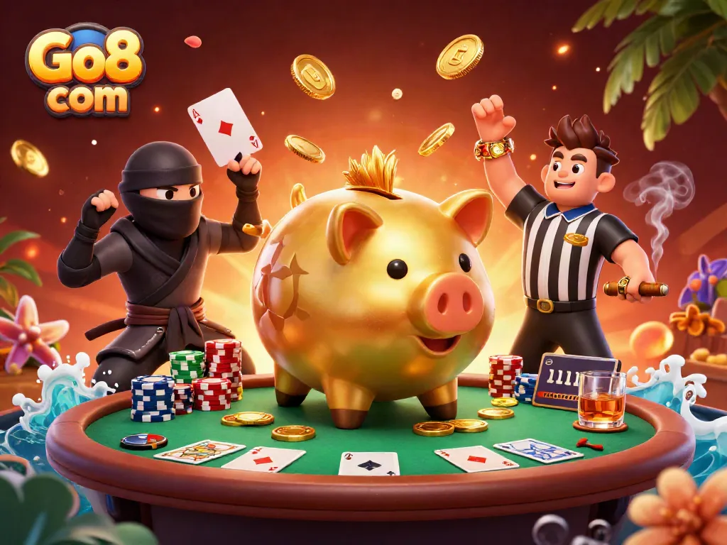 Engage with Go8 com's casino adventure featuring a dynamic golden piggy bank and gaming elements.