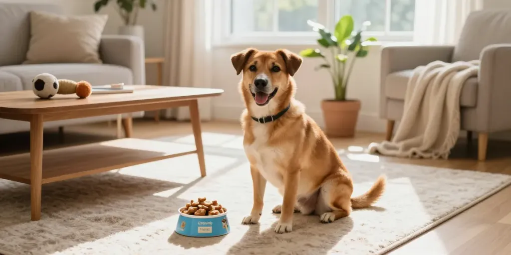 Calming Dog Treats near a playful dog in a cozy living room setting