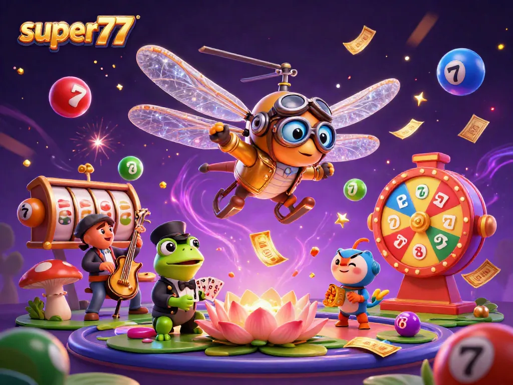 Engaging illustration of super77 featuring a dragonfly pilot over a lily pad casino with a croupier and jazz band.