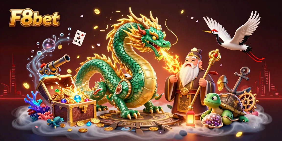 Engage with F8bet's immersive online experience featuring a jade dragon, wise turtle, and lucky cranes amidst rich casino elements.
