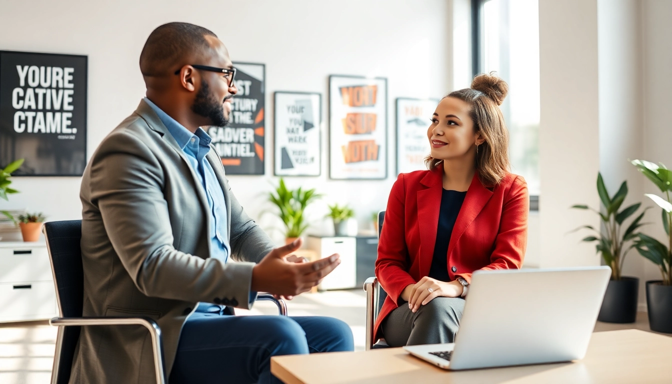 Career coaching session with diverse coach and client in a bright, inviting office.