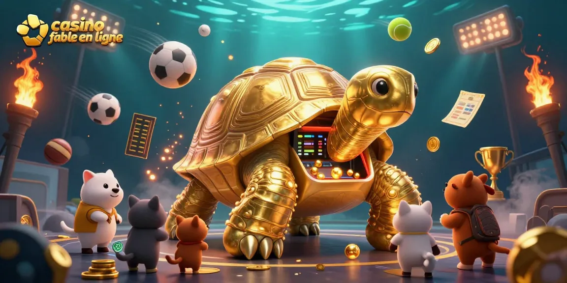 Découvrez les jeux dans un casino fiable en ligne avec une tortue dorée et des éléments sportifs dynamiques.