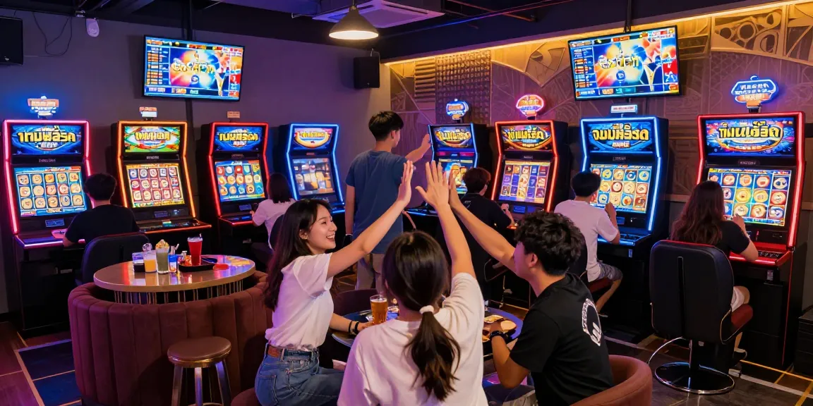 Friends celebrating their wins playing เกมสล็อต in a vibrant gaming lounge.