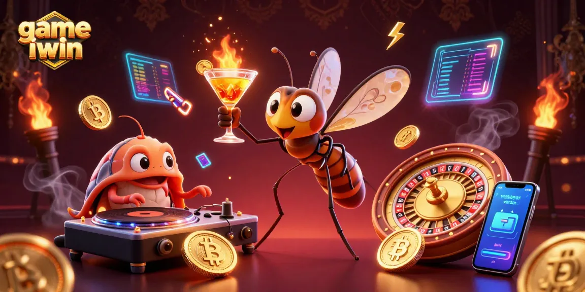 Engage in the thrilling game iwin as a cartoon mosquito mascot joins a trilobite DJ in a dynamic casino scene.