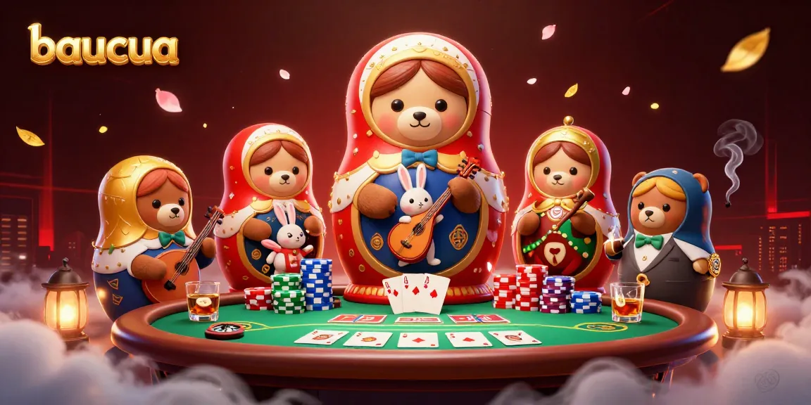 Experience the excitement of baucua with vibrant characters and casino elements in a rich 3D scene.