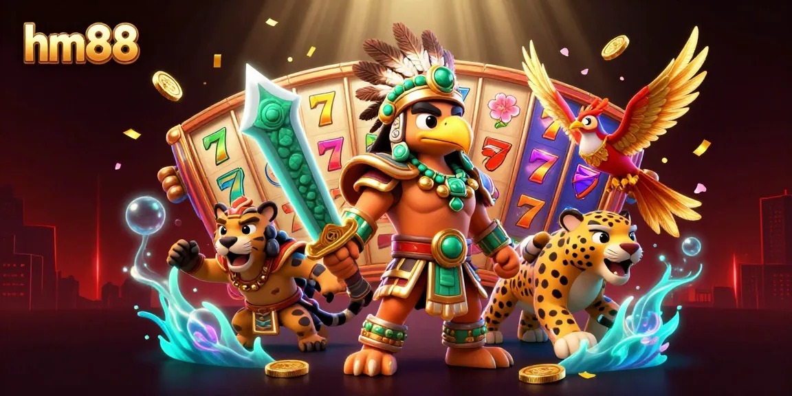 Play exciting slot games and win with hm88 featuring a dynamic, colorful 3D casino scene.