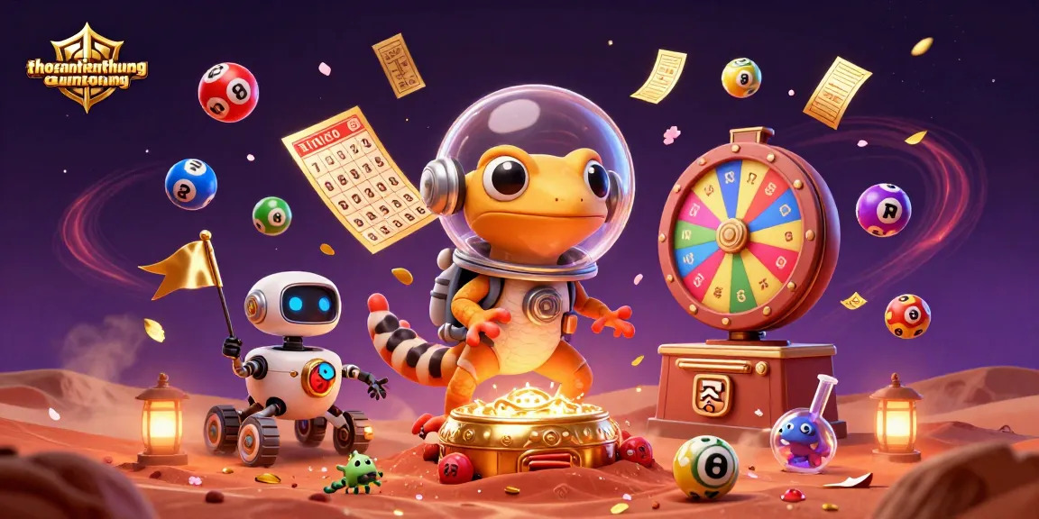 Experience thosantienthuong in a vibrant casino scene with a Martian gecko and colorful lottery elements.