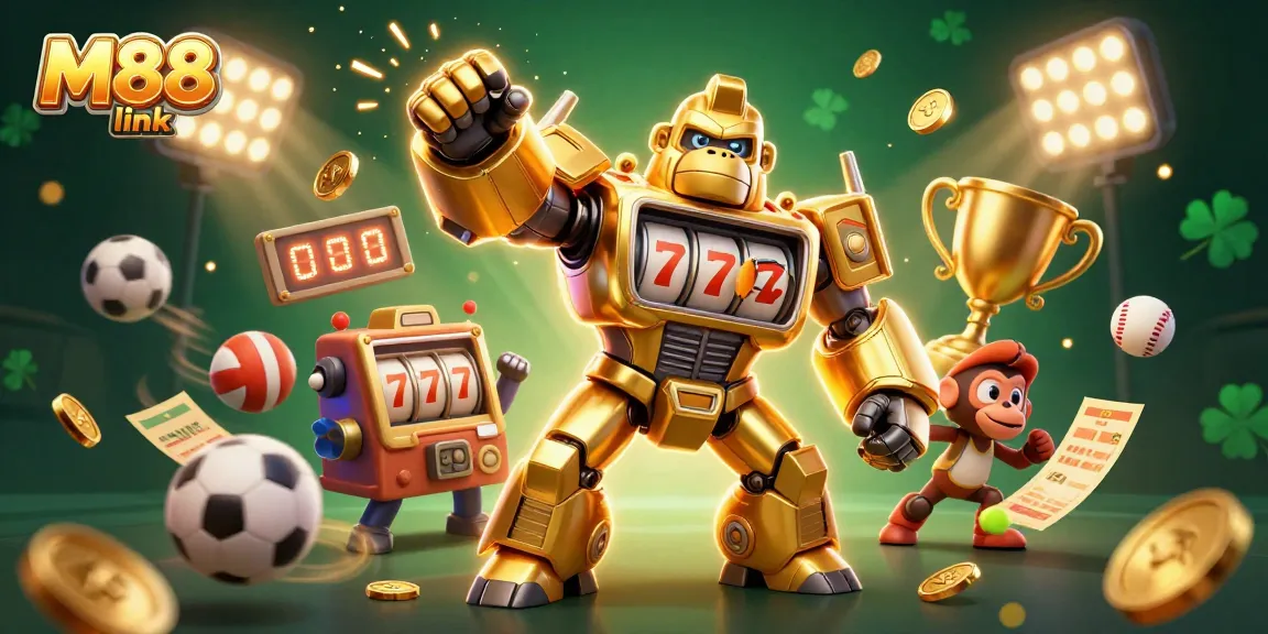 Capture the excitement of M88 link with dynamic 3D illustrations showcasing online betting elements and a vibrant casino atmosphere.