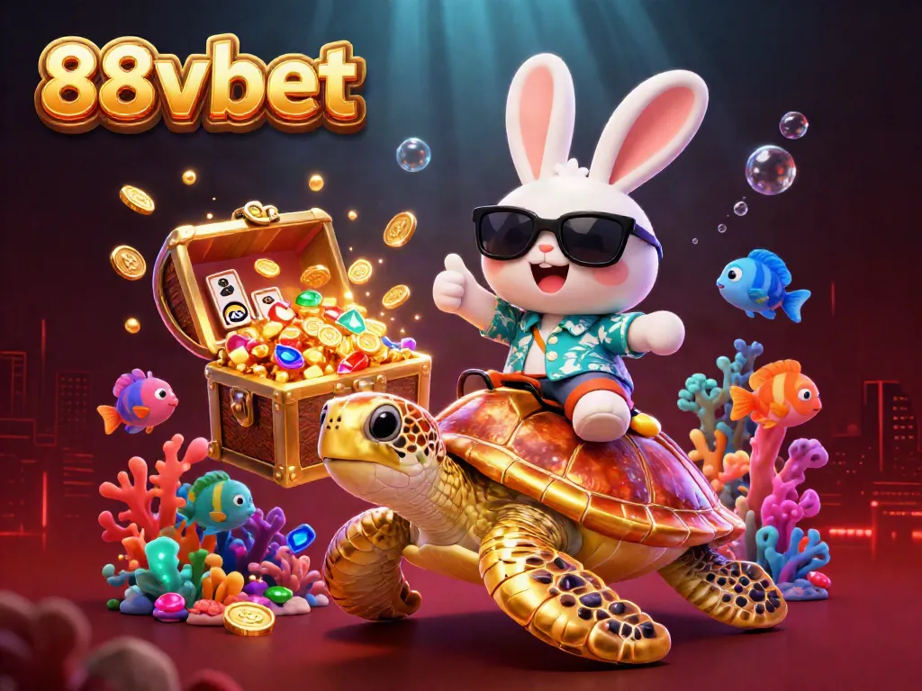 Experience the vibrant world of 88vbet with a lucky rabbit and a golden turtle in a dynamic casino scene.