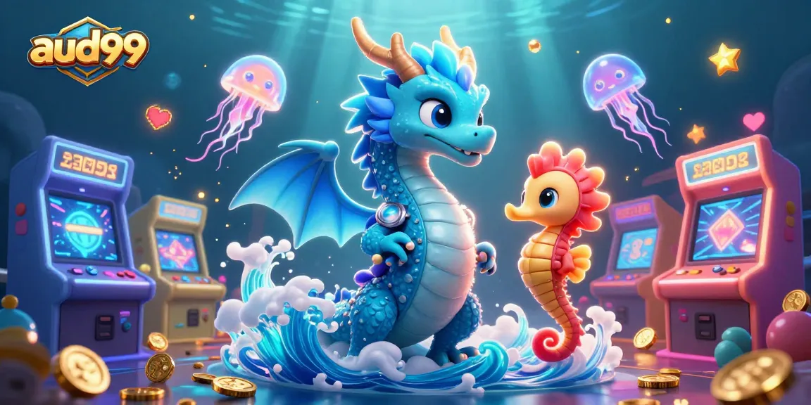 Play exciting casino games like aud99 with our vibrant 3D scene featuring a dragon and sea creatures.