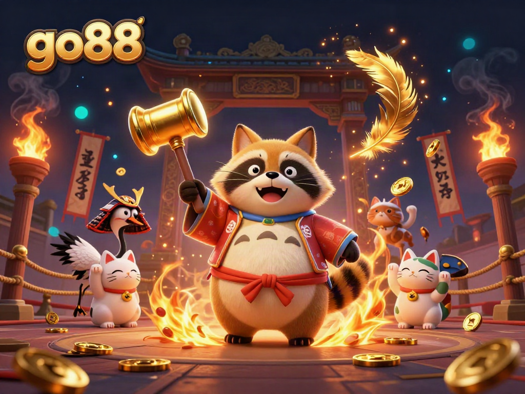 Join the excitement at go88 with a festive tanuki and lucky symbols in a vibrant casino scene.