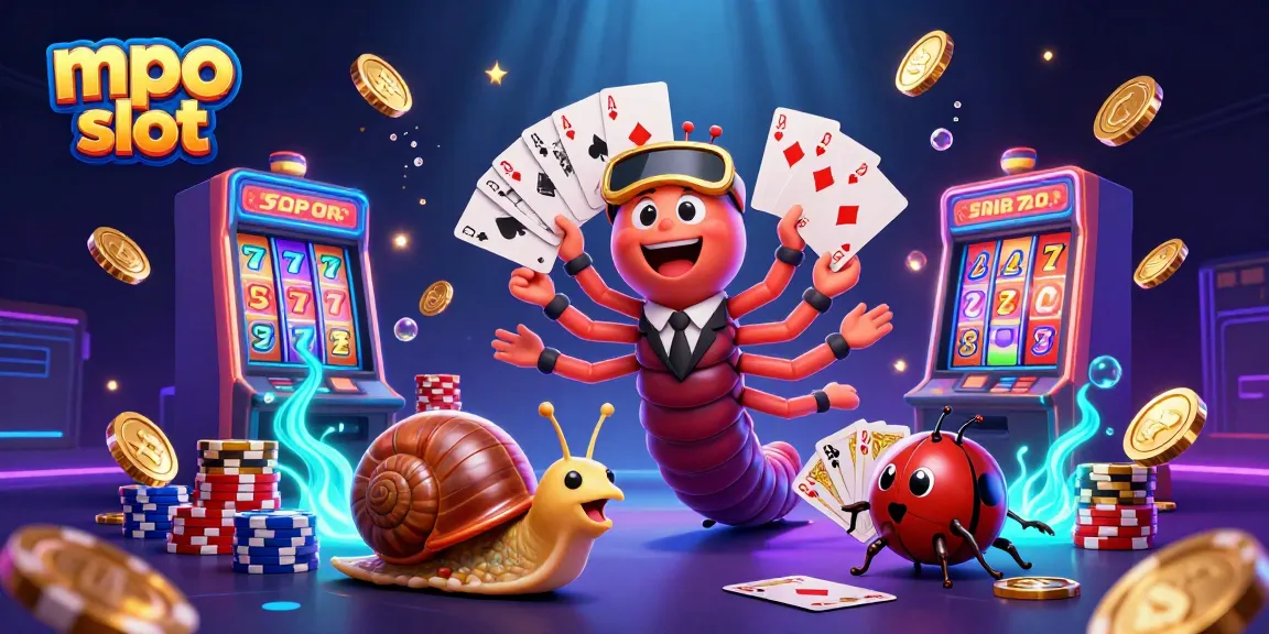 Spin to win on mpo slot with a vibrant 3D illustration of a millipede dealer, slot reels, and colorful poker chips.