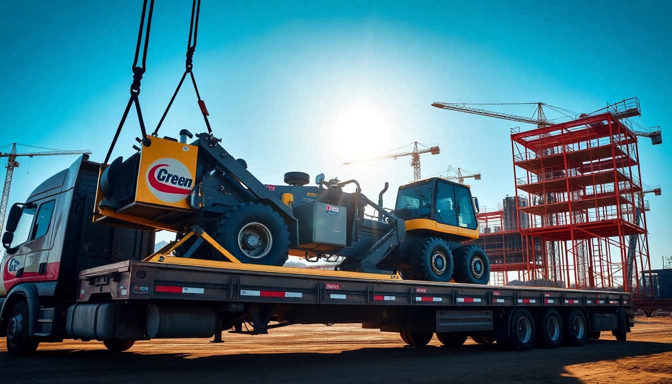 Heavy equipment transportation with secured machinery on a transport truck in a construction site.