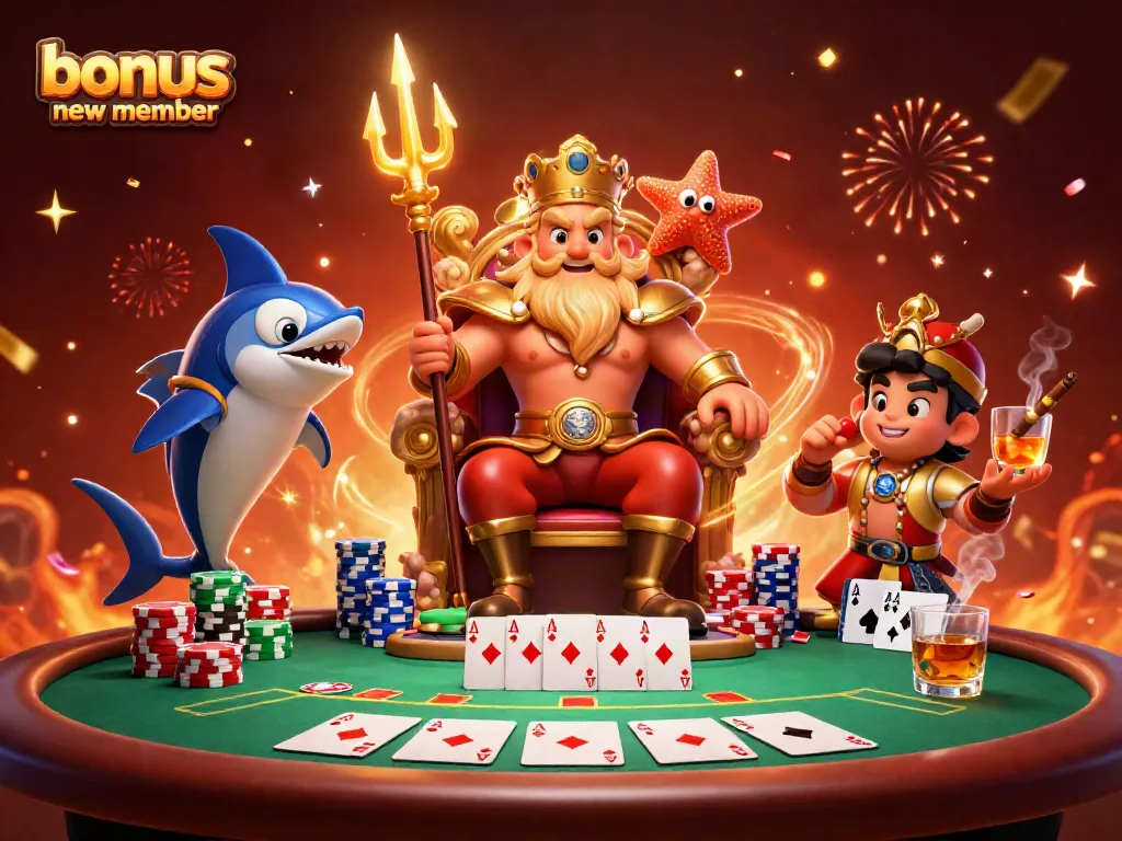 Experience the excitement of casino gambling with a vibrant scene showcasing the bonus new member promotion, featuring charismatic characters and gaming elements.