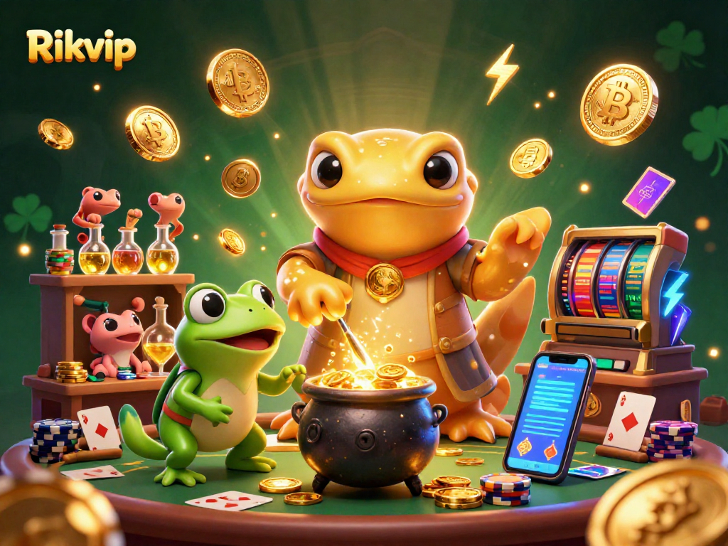 Engage with Rikvip's dynamic gambling scene featuring alchemists and crypto elements.