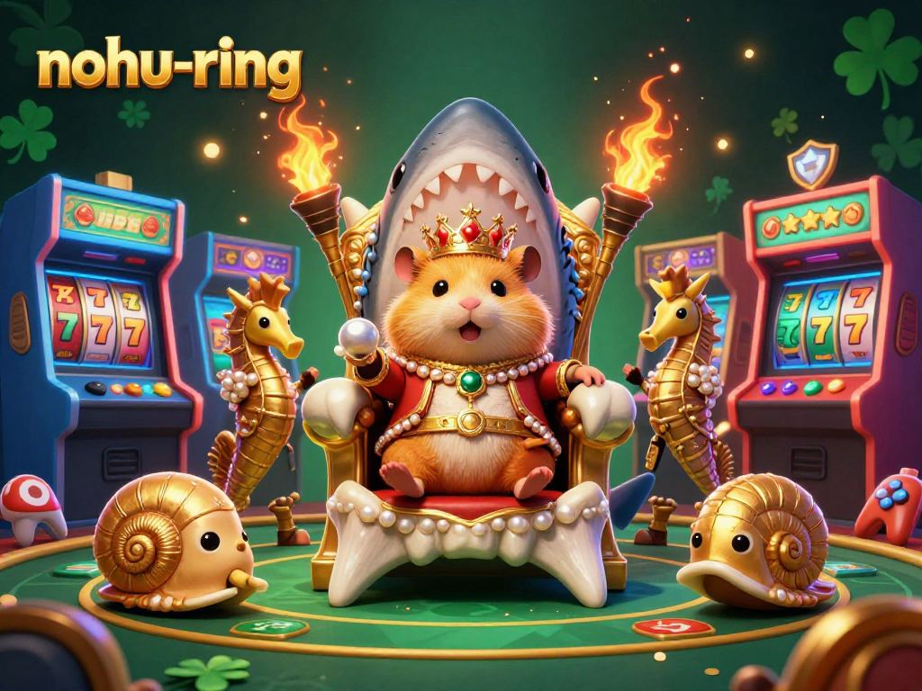 Nohu-ring presents an enchanting scene with a hamster king and seahorse guards amidst slot reels, enriching gaming adventure.
