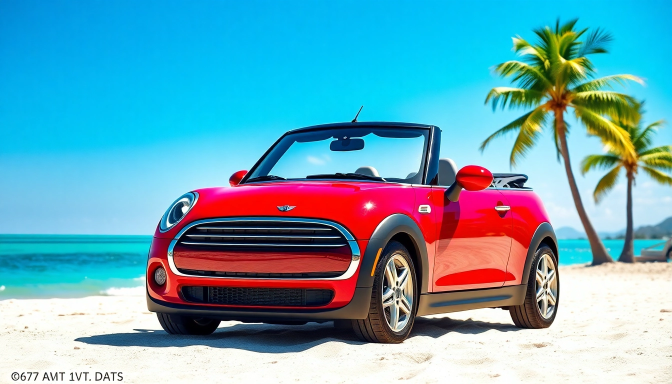 Enjoy the scenic beauty of a Mini Cooper convertible St Barts parked on a stunning beach.