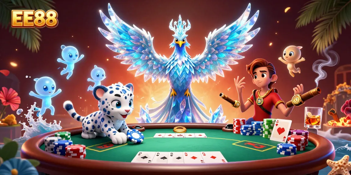 Engage in poker strategy at EE88 with an ice phoenix, snow leopard cub, and vibrant gaming elements