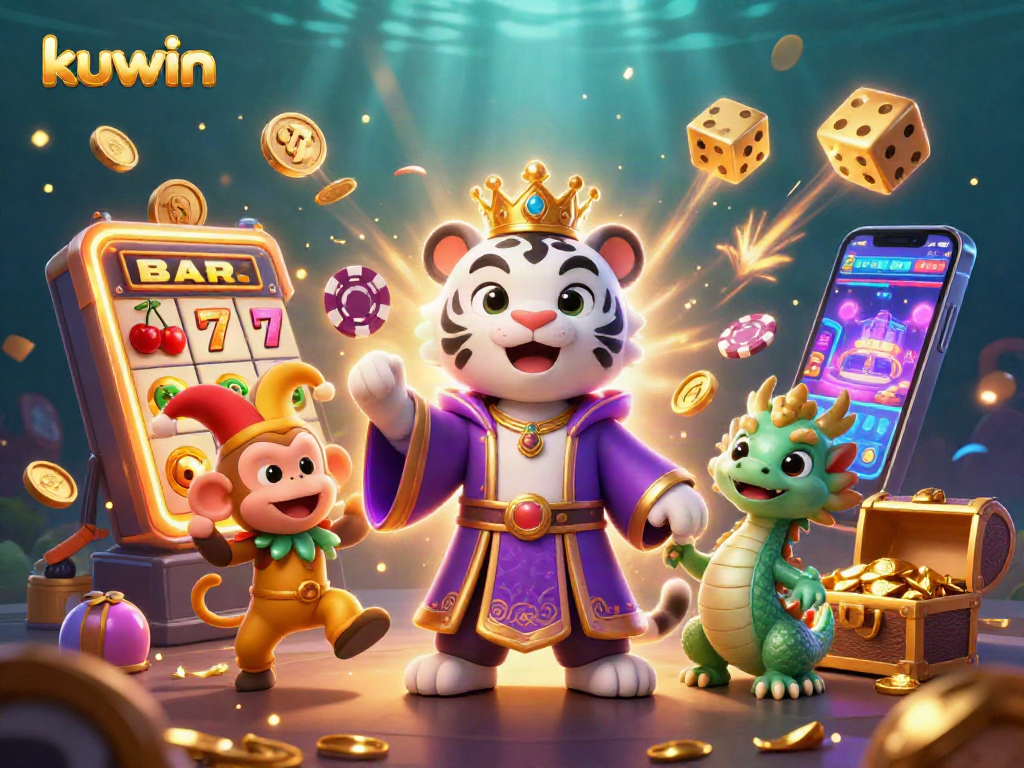 Kuwin showcases a lively casino scene with a white tiger, monkey, and jade dragon amid jubilation and jackpots.