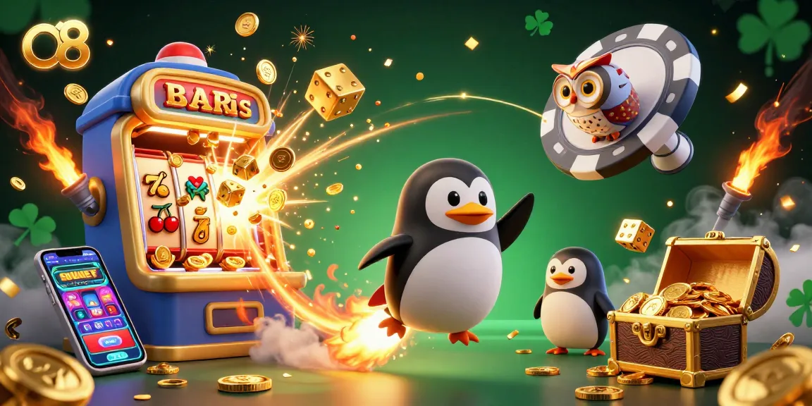 Engage with exciting o8 gaming adventures as a golden penguin blasts towards a jackpot-filled casino!