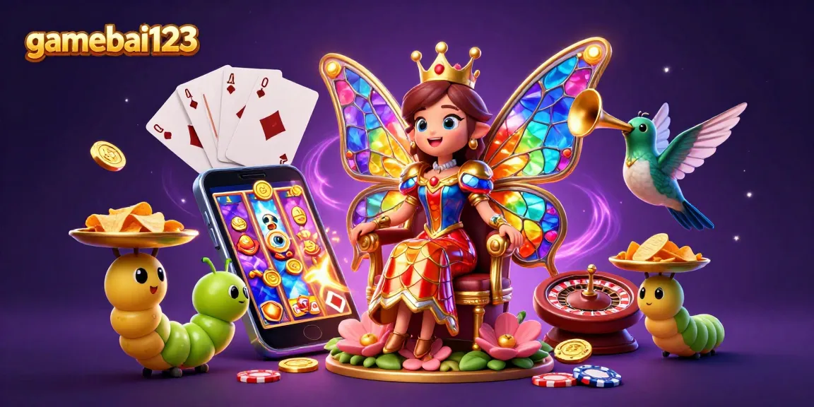 Experience thrilling gameplay at gamebai123 with a dynamic casino-themed illustration showcasing a vibrant butterfly queen amidst gaming elements.
