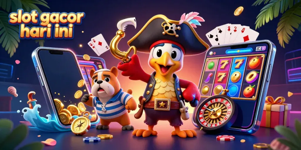 Slot gacor hari ini muncul dalam ilustrasi 3D yang penuh warna dan detail, menampilkan karakter kasino bernuansa bajak laut.