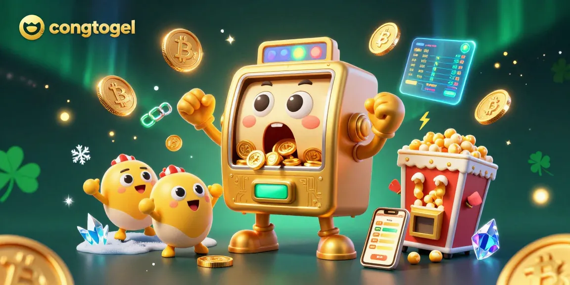 Congtogel slot machine celebrating a jackpot surrounded by glowing cryptocurrencies and festive elements.
