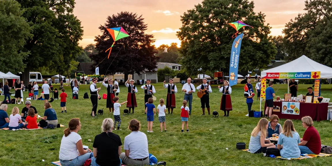 Community celebration of Breton culture at a park with vibrant atmosphere showcasing traditional music, food stalls, and playful kites, featuring the keyword เกมสล็อต.
