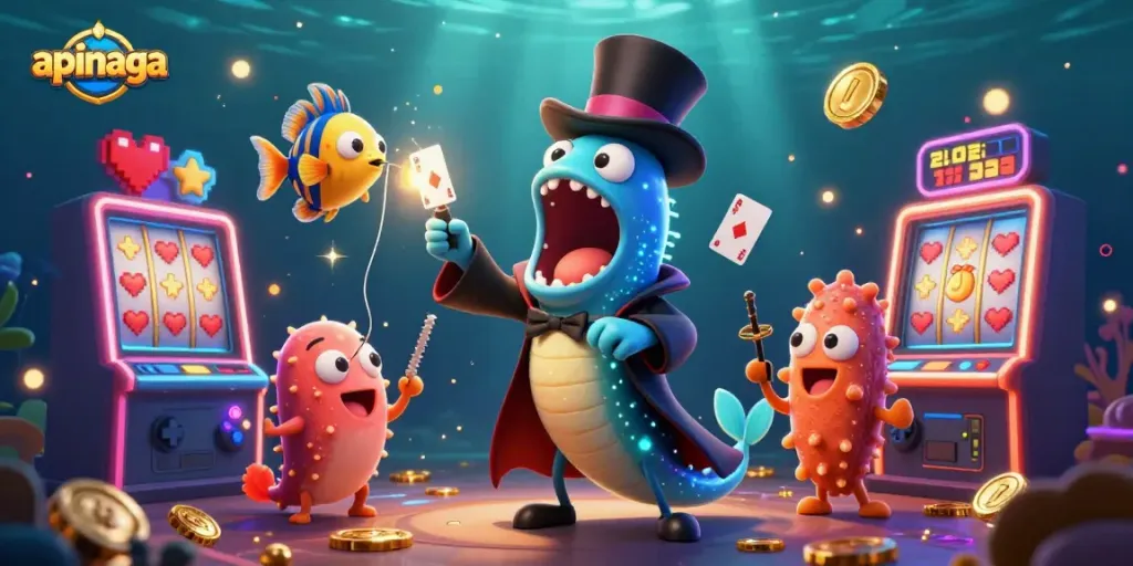 Experience thrilling online slots with apinaga's vibrant gaming scene featuring animated creatures and casino elements.