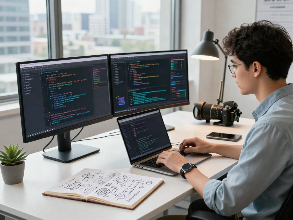 Data scientist immersed in machine learning analytics, crush on ai focus, modern tech workspace with visuals.