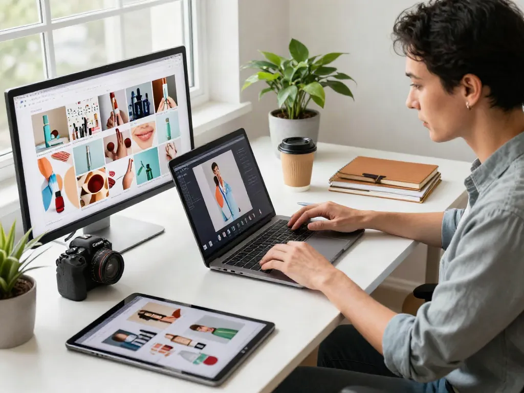 Designer using an Amazon product photo generator in a creative workspace with product samples and natural light.