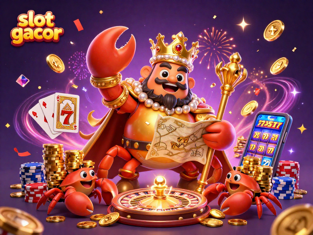 Engage in slot gacor excitement with a golden crab emperor, treasure, and casino elements!