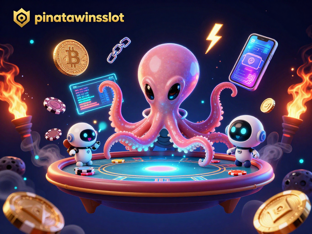 Engage with pinatawinsslot as a vibrant alien octopus hosts a holographic table amid stellar poker chips.