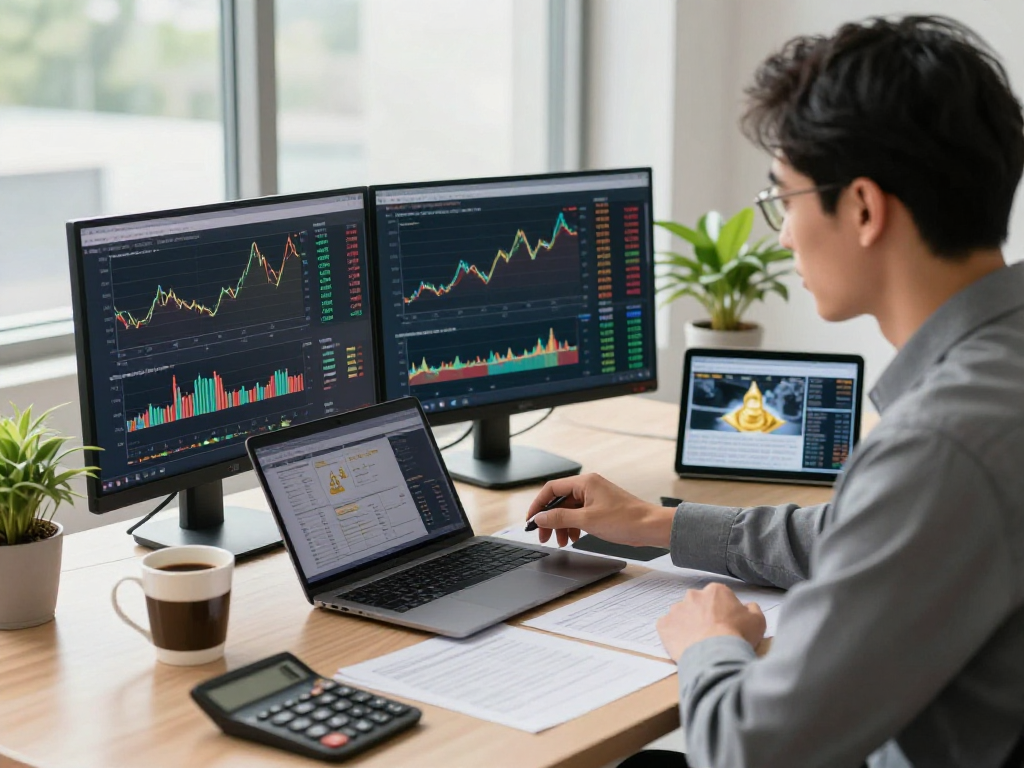 Gold trading analysis with mantra88 login on modern screens in a professional office.