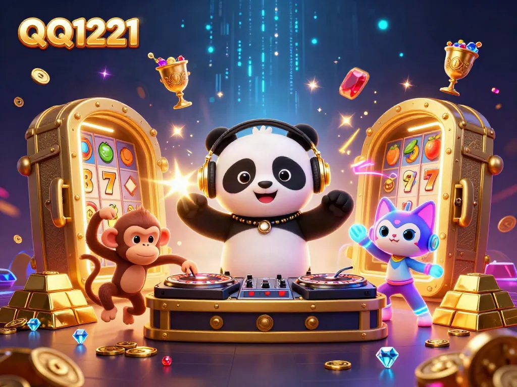 Engage with QQ1221's vibrant casino scene featuring a DJ panda, breakdancing monkey, and glowing kitten.