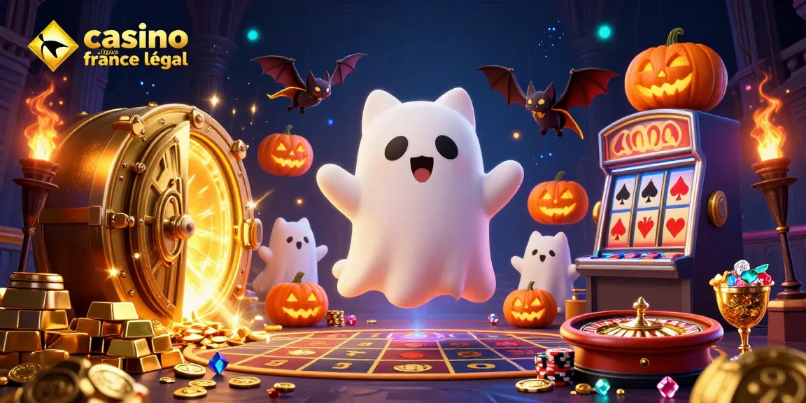 Un casino en ligne légal en France animé mettant en scène un chat fantôme, une chauve-souris et des citrouilles-lanternes au milieu d'une scène riche en détails.