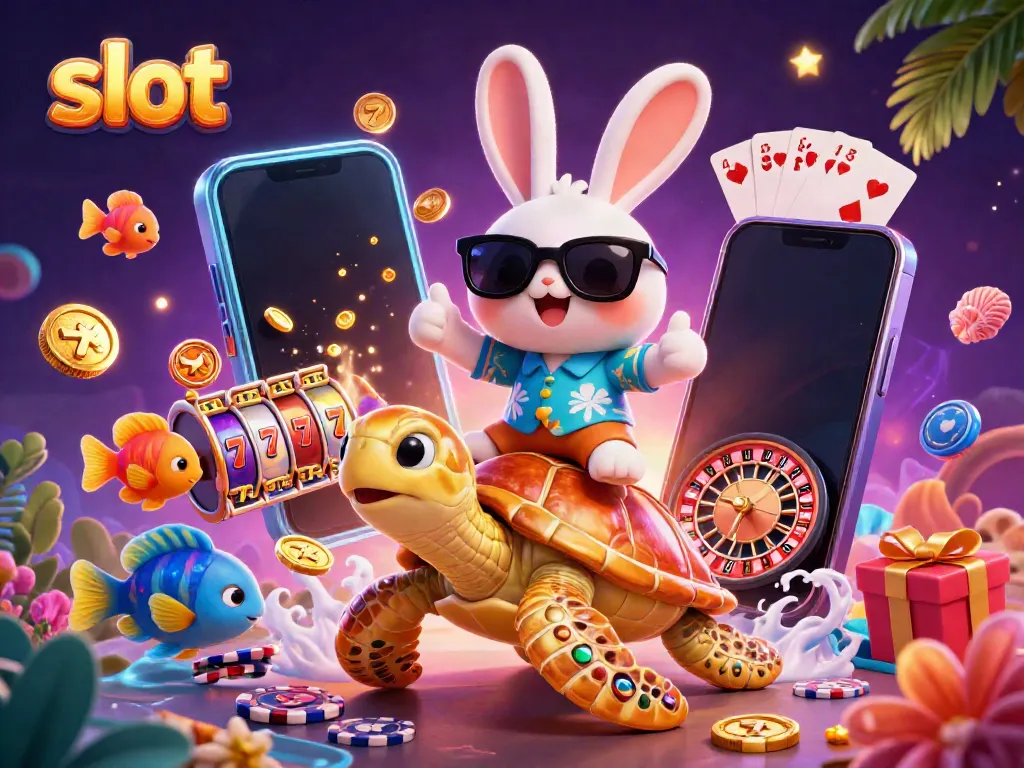 Slot mesin yang mengasyikkan dengan karakter kelinci beruntung menumpang penyu emas di lingkungan tropis yang ceria.
