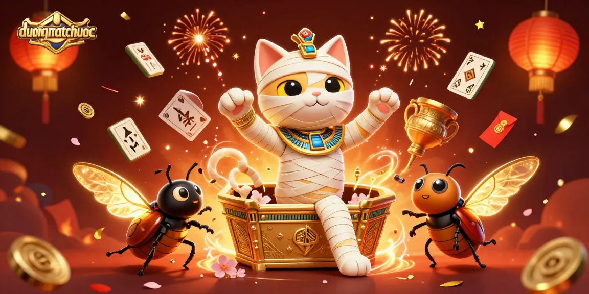 Engage with duongmatchuoc as Egyptian mummy cat explodes in a pyramid casino, reveling in festive delights.