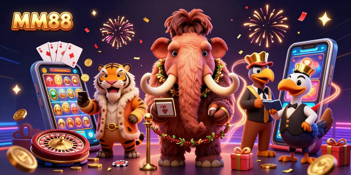 MM88 casino scene with a woolly mammoth bouncer, saber-tooth VIP, and dodo bird doorman among vibrant gaming elements.