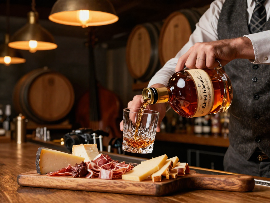 Enjoying Blanton's Single Barrel Bourbon in a rustic bar setting with gourmet pairings and warm ambiance