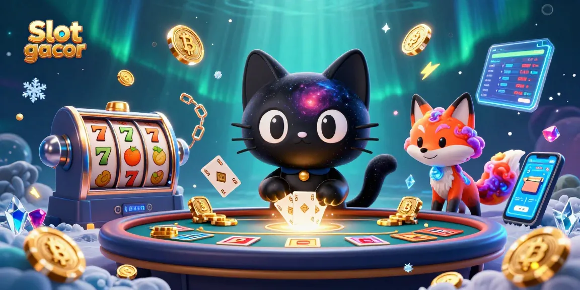 Menggandakan kemenangan di slot gacor dengan ilustrasi hiburan kasino penuh warna dan elemen beruntung.