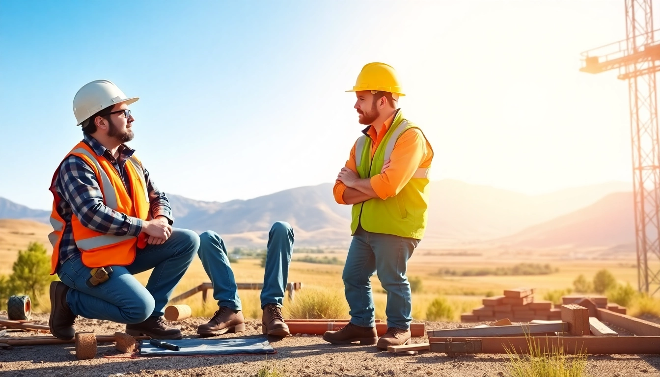 Engaging construction mental health colorado discussion among workers in a serene outdoor setting.