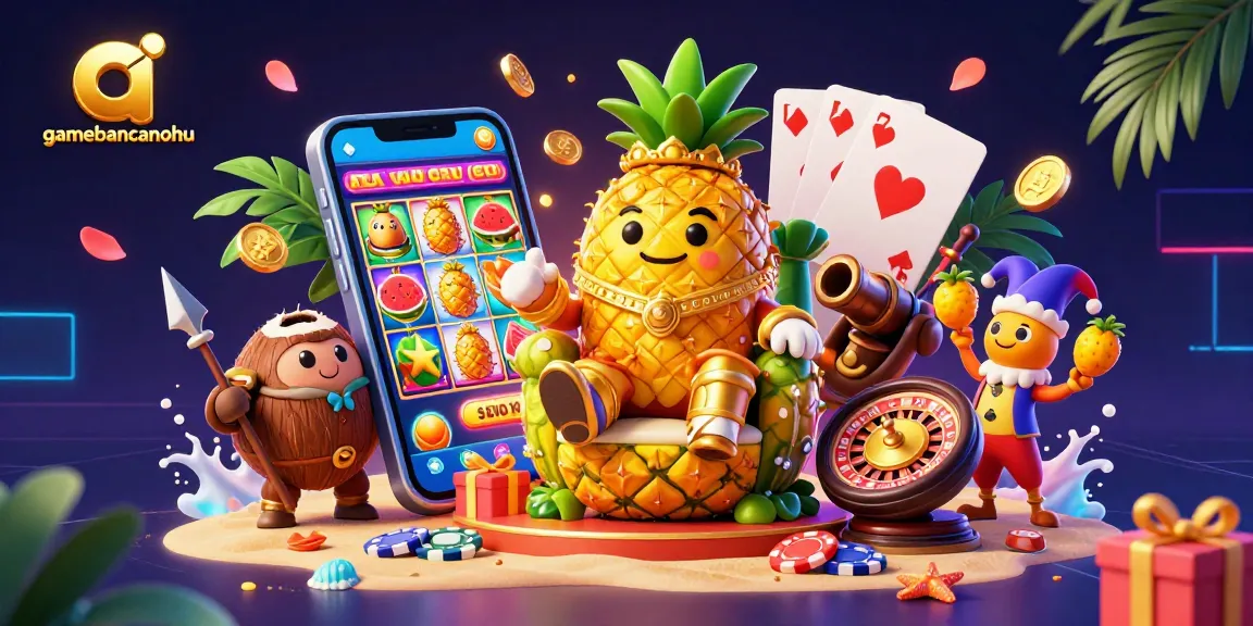 Engage in the vibrant casino scene with gamebancanohu featuring a golden pineapple king and slot games.