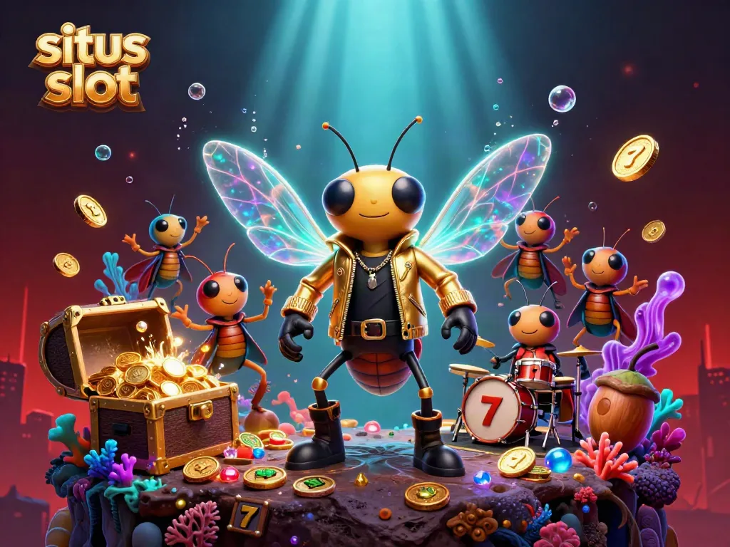Menangkan jackpot di situs slot dengan ilustrasi artistik dari cicada rock star dan elemen permainan.