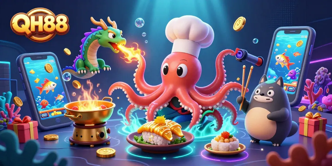 Experience exciting fish shooting game action at QH88 with unique characters and vibrant casino elements.
