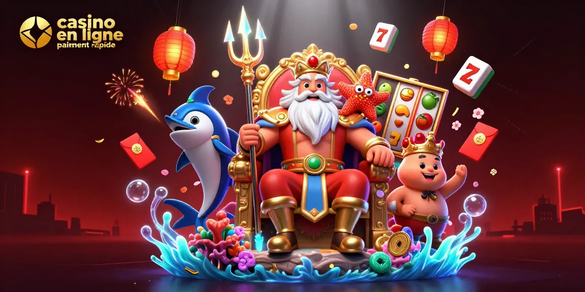 Casino en ligne paiement rapide: Illustration captivante d'un roi des mers entouré de jeux de casino.